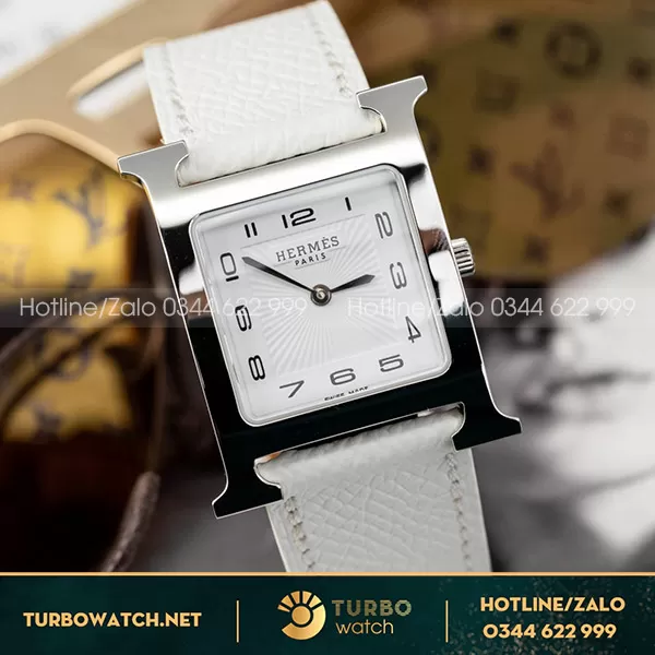 Hermes nữ máy pin Thụy Sỹ niếng trơn dây da nâu mặt trắng