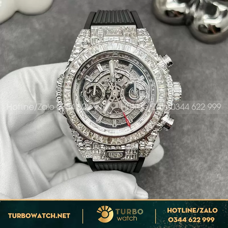 Hublot bigbang unico độ kim cương baguette vỏ vàng trắng 18k