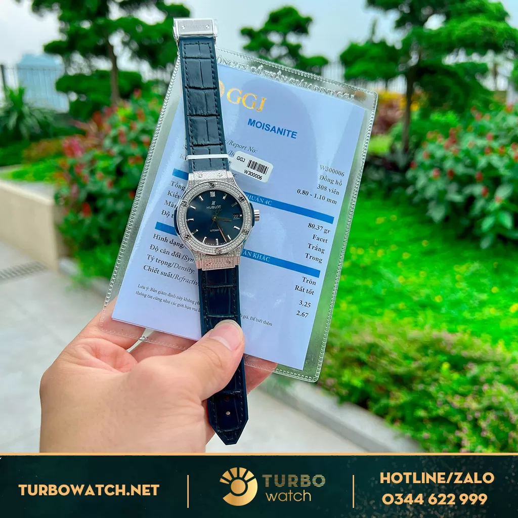 Hublot nữ xanh navy độ kim cương moissanite