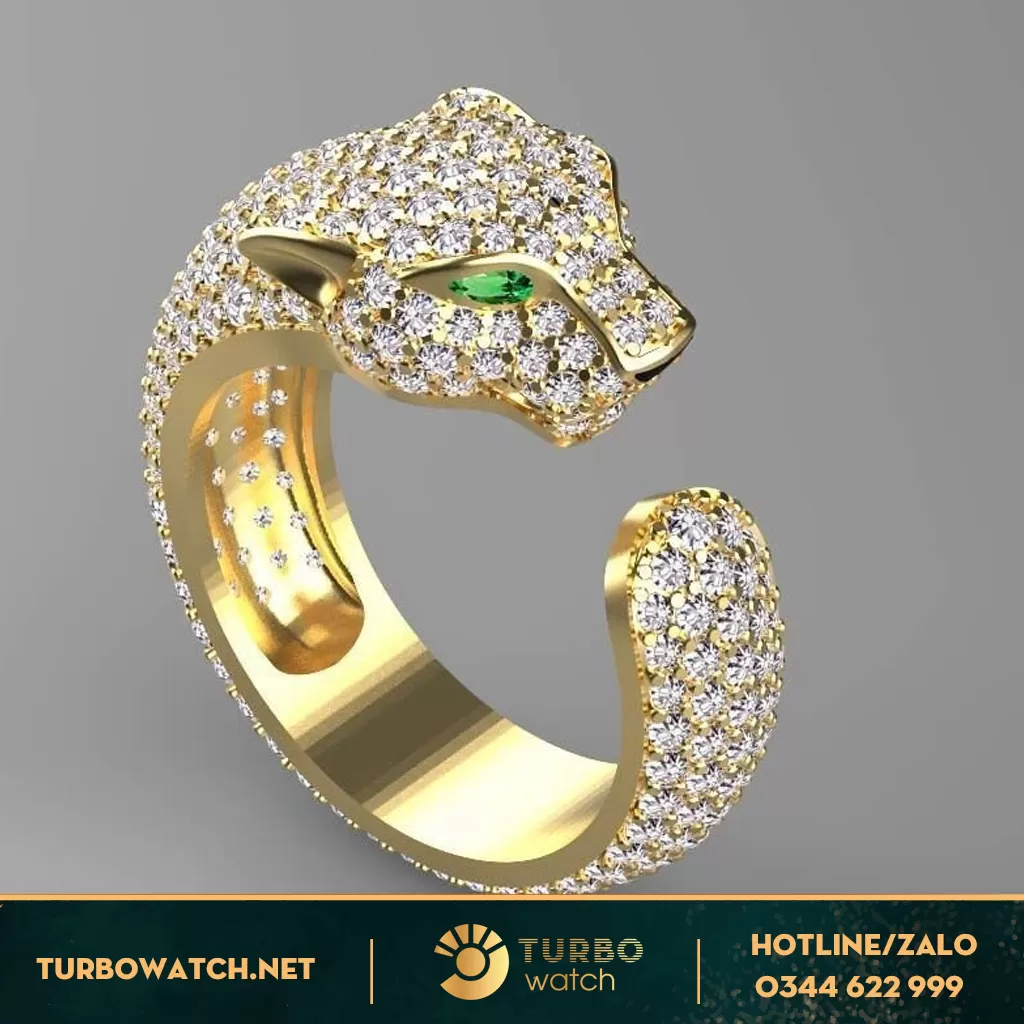 Nhẫn cartie đầu báo Vàng 18K Lục bảo