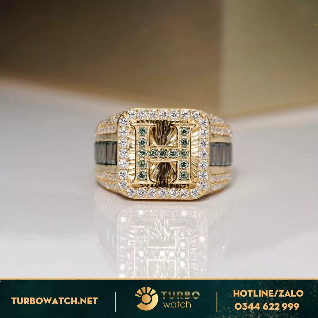 Nhẫn Chữ H Vàng 14k ,Kim Moissanit