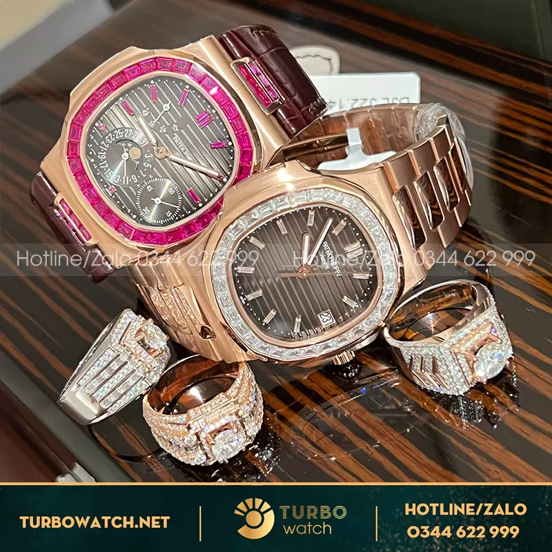 Patek nautilus 5724 vs 5723 độ ruby tổng hợp và kim moissanitte
