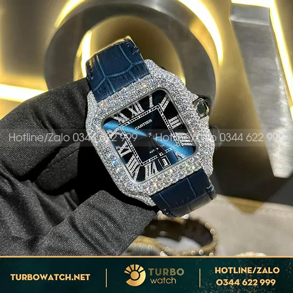 Cartier santos mặt xanh độ full moissanite size to