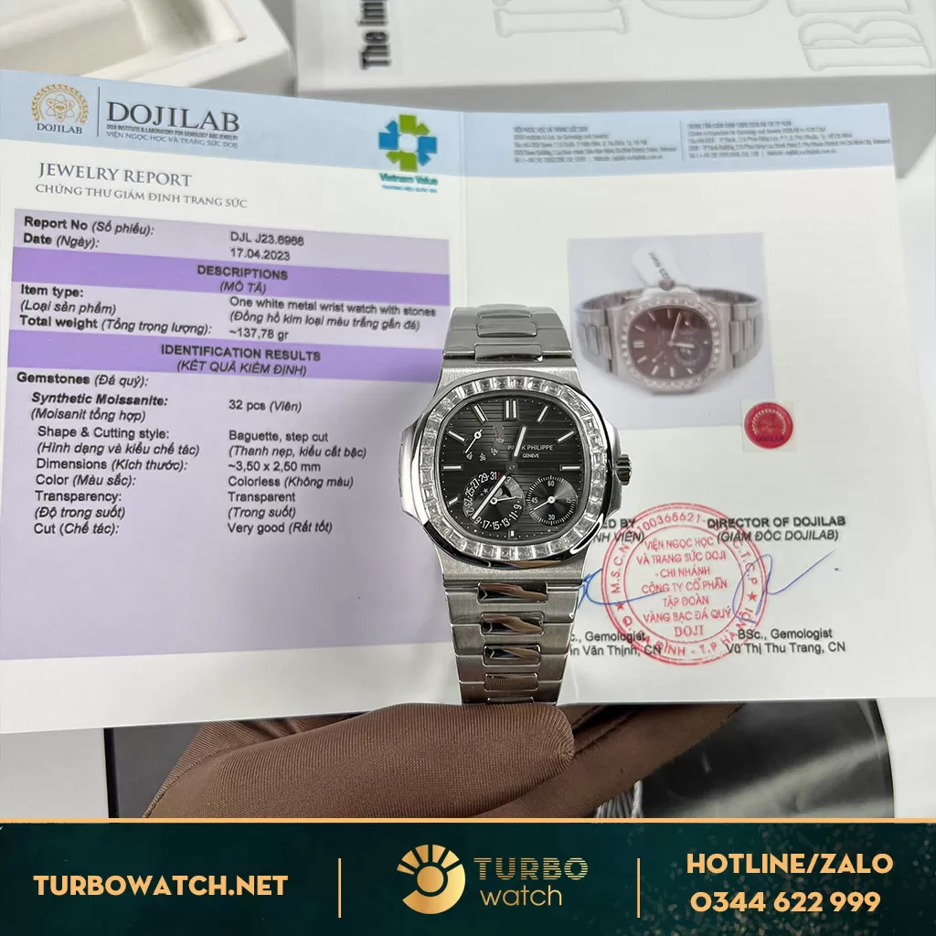 Patek philippe nautilus 5712 độ niềng kim cương moissanite baguette