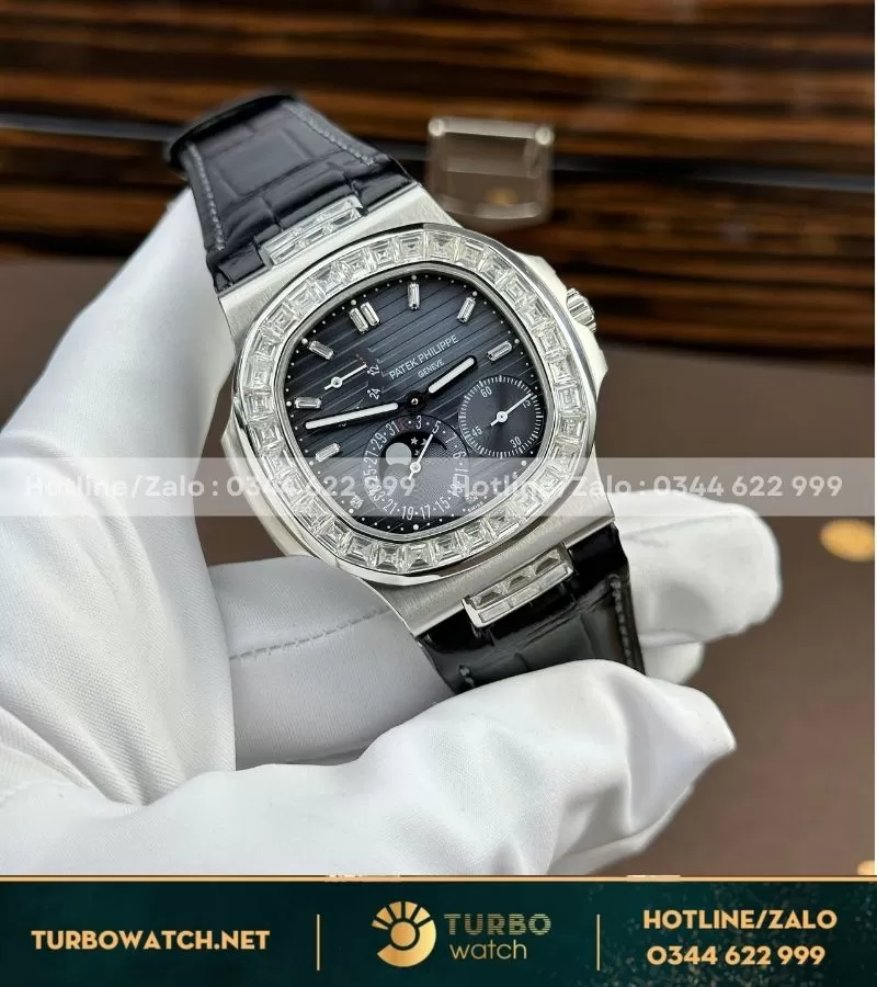 Patek Philippe Nautilus 5724 tinh chỉnh mặt số kim đĩa moonphase máy móc độ kim moissanite 