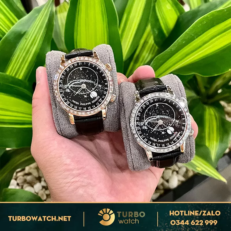 Patek philippe skymoon 6104r fake vàng hồng viền đá baguette