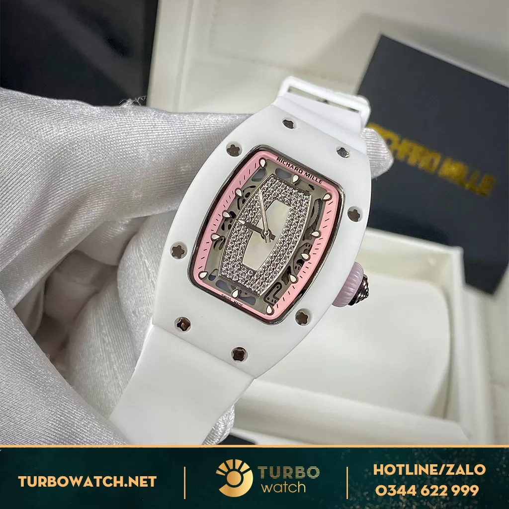 Richard Mille 07-01 Ceramic Trắng Mặt Skeleton Dây Cao Su Trắng Replica 