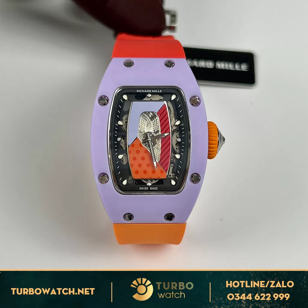Richard Mille 07-01 Ladies Vỏ Ceramic Trắng Mặt Skeleton Cam Dây Caosu đỏ cam