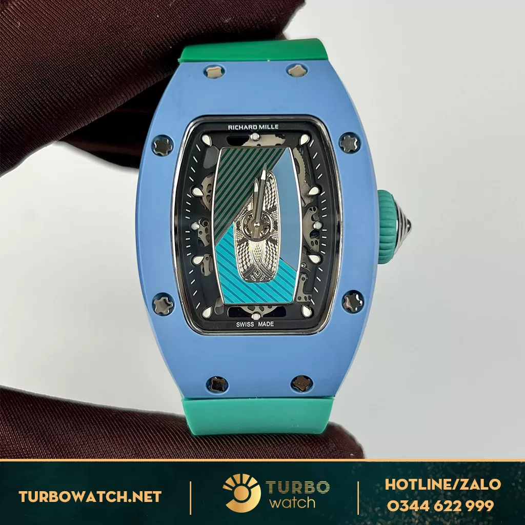 Richard Mille 07-01 Ladies Vỏ Ceramic xanh Mặt Skeleton Xanh Dây Caosu Replica