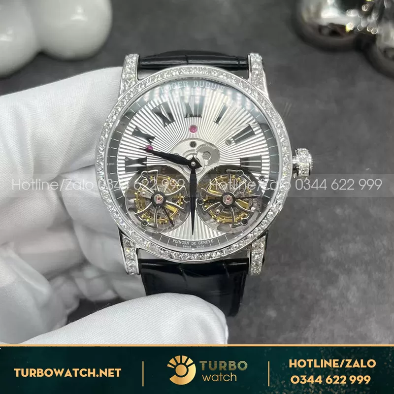 Roger dubuis double tourbillon chế tác vàng trắng kim cương thiên nhiên baguette
