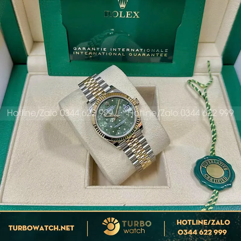 Rolex datejust 31mm mặt số hoạ tiết hoa xanh lá