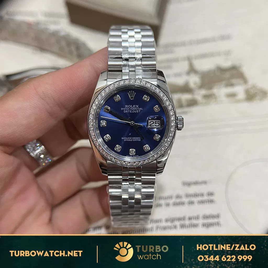 Rolex Datejust 36 126231 Mặt Số xanh navy Viền đính Kim Cương Moissanit