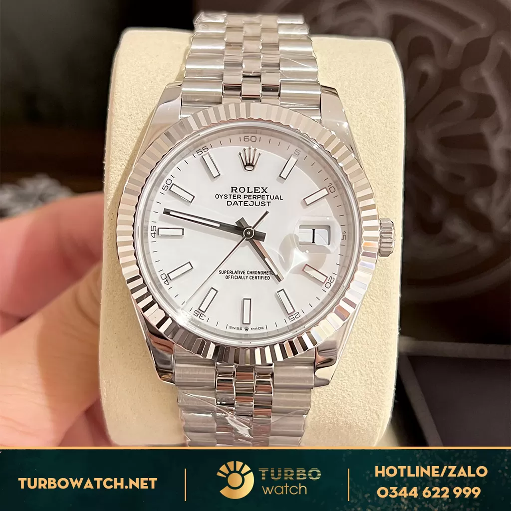 Rolex Datejust 41 126300 Mặt Số Trắng Cọc Số Dạ Quang Replica 