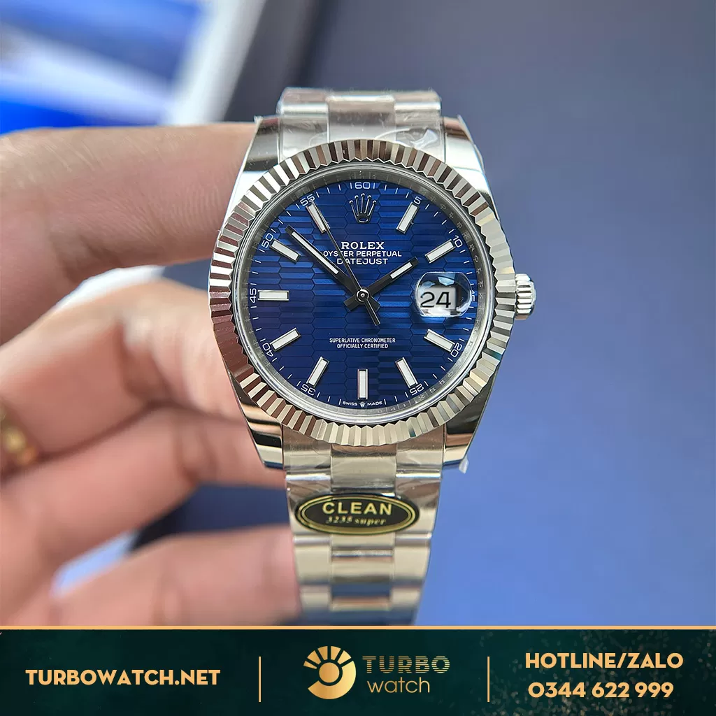 Rolex Datejust 41 126300 Mặt Số Xanh dương Vân Gấp Nếp Dây Oyster Clean Factory
