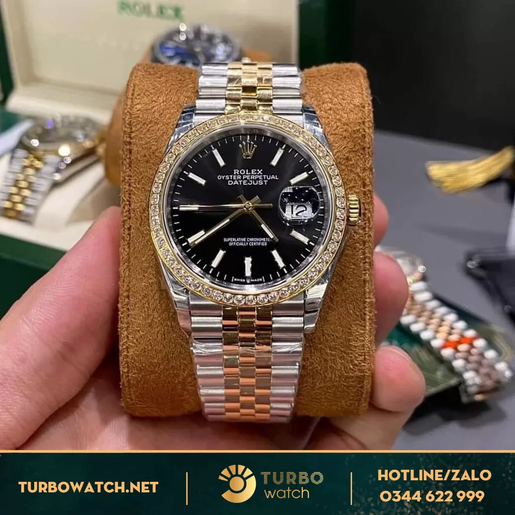 Rolex Datejust 41 126303 Mặt Số Đen Bọc Vàng 18k Viền đính kim moissanit 