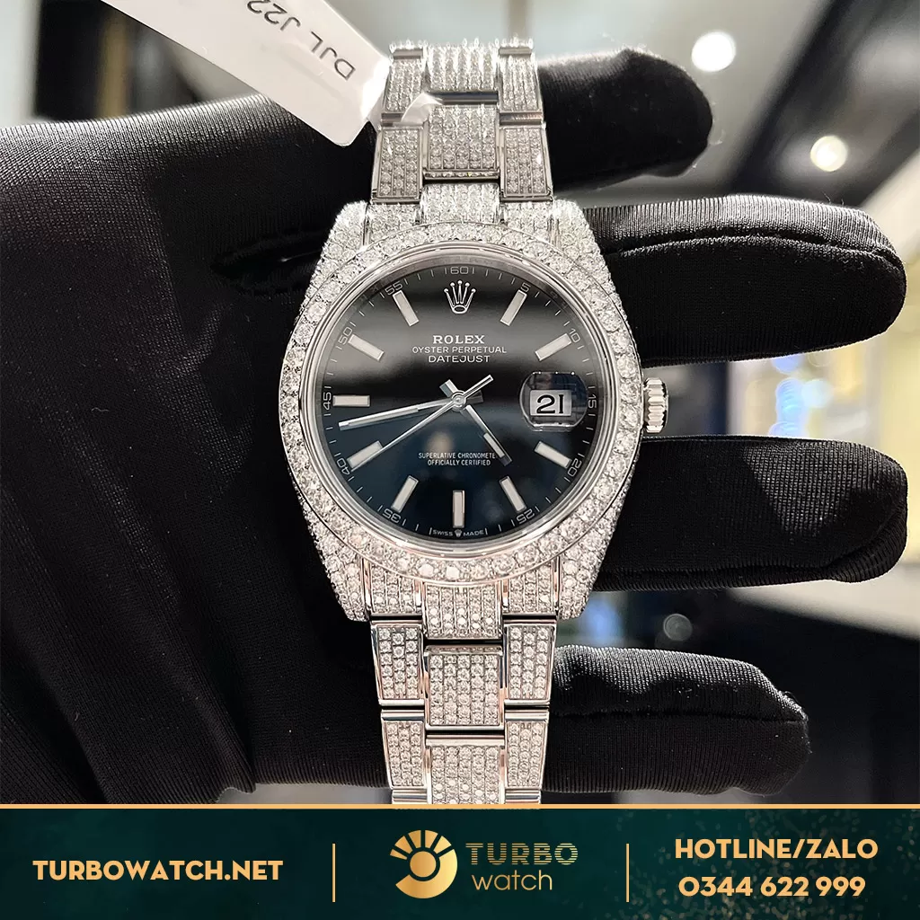 Rolex Datejust 41 126334 Mặt đen Vỏ Chế Tác Full Kim Cương Moissanite Rep
