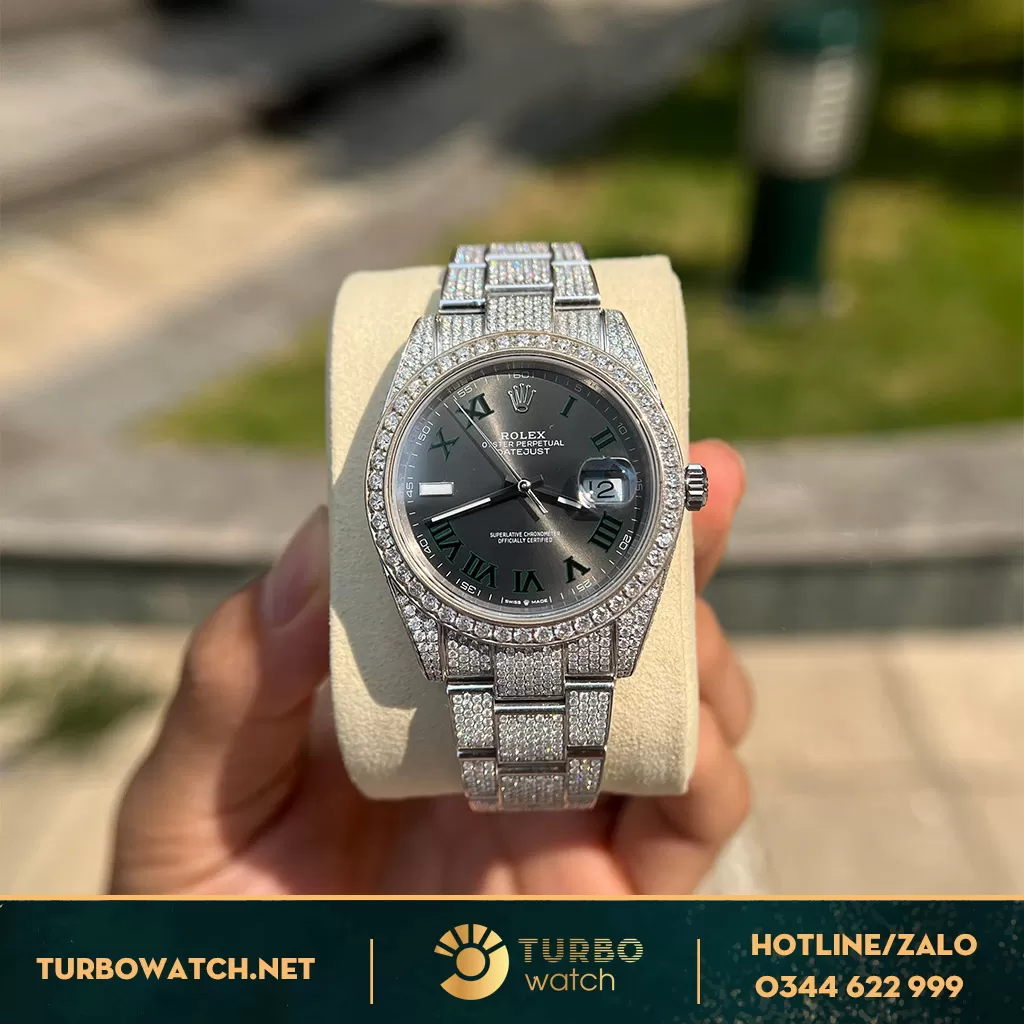 Rolex Datejust 41 126334 Mặt Wimbledon Vỏ Chế Tác Full Kim Cương Moissanite