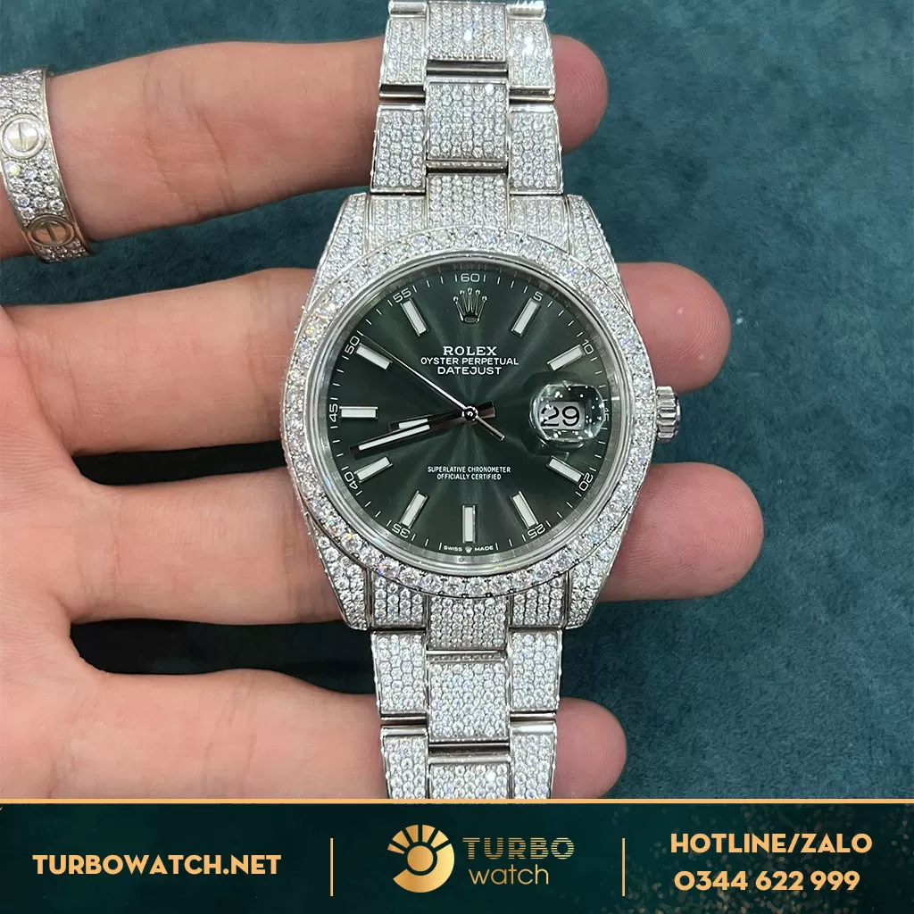 Rolex Datejust 41 126334 Mặt xanh lá Vỏ Chế Tác Full Kim Cương Moissanite Replica