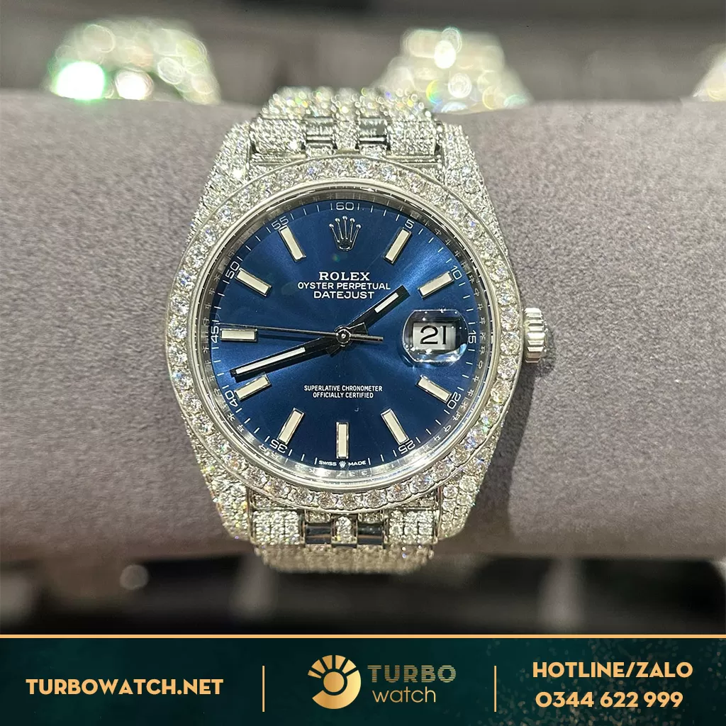 Rolex DateJust 41 126334 Mặt Xanh Navy Vỏ Chế Tác Full Kim Cương Moissanite Rep 1:1