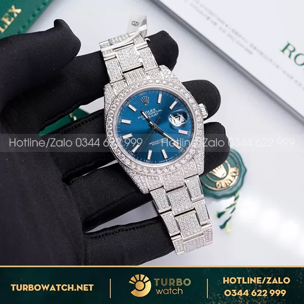 Rolex DateJust 41 Mặt Xanh Độ Full Moisanite