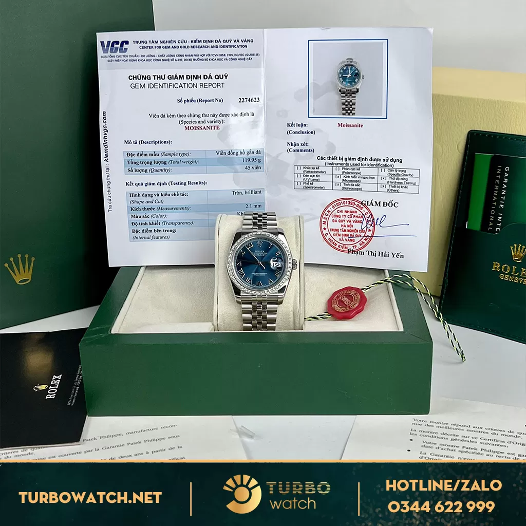 Rolex datejust blue dial 36mm độ kim cương Moissanite