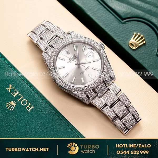 Rolex datejust độ full moissanite mặt trắng