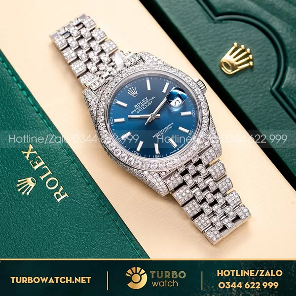 Rolex datejust độ full moissanite mặt xanh blue