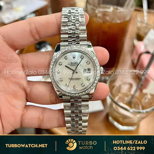 Rolex datejust độ mặt MOP viền moissanite 41mm