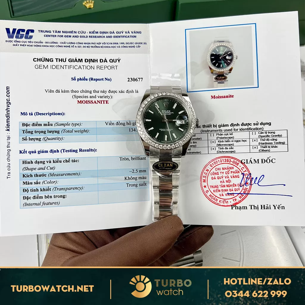 Rolex datejust green dial độ kim moissanite 2,5ly