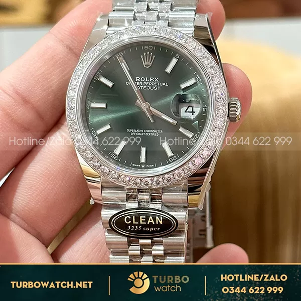 Rolex datejust green dial viền moissanite 2.5ly clean factory