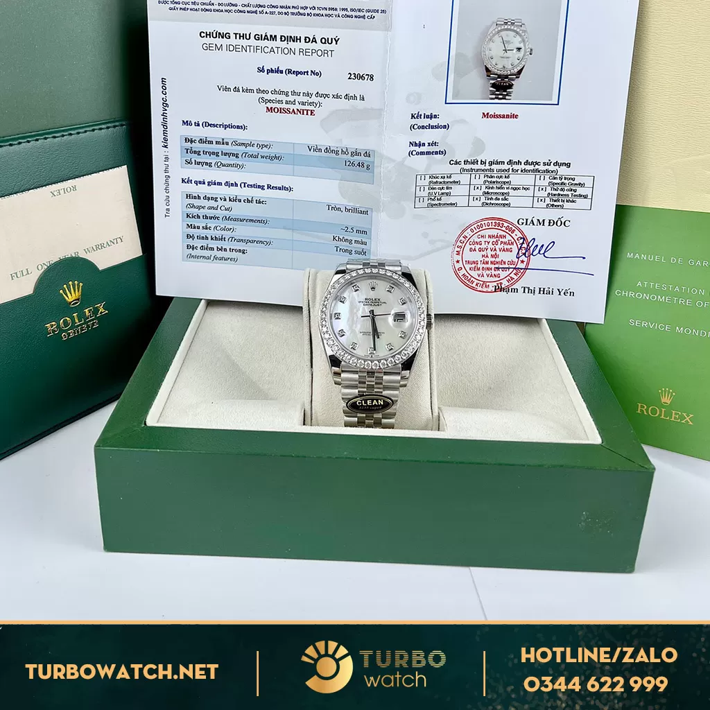 Rolex datejust mặt MOP độ kim cương moissanite 2,5ly hongkong