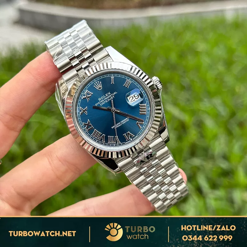 Rolex datejust mặt xanh blue cọc số la mã fake AR factory