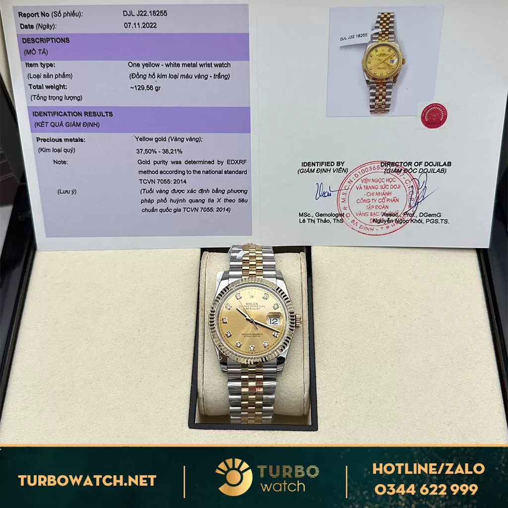 Rolex Datejust rep 1:1 36 126233 Mặt Số Vàng Champagne Cọc Số Nạm Kim Cương 
