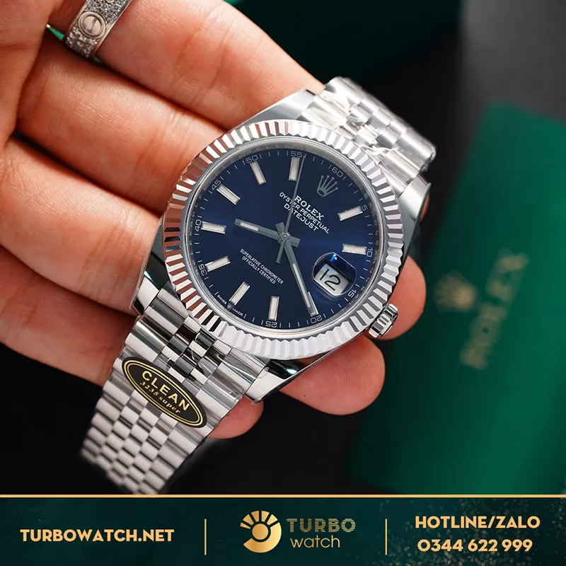 Rolex datejust replica mặt xanh dương cọc số dạng quang 41mm