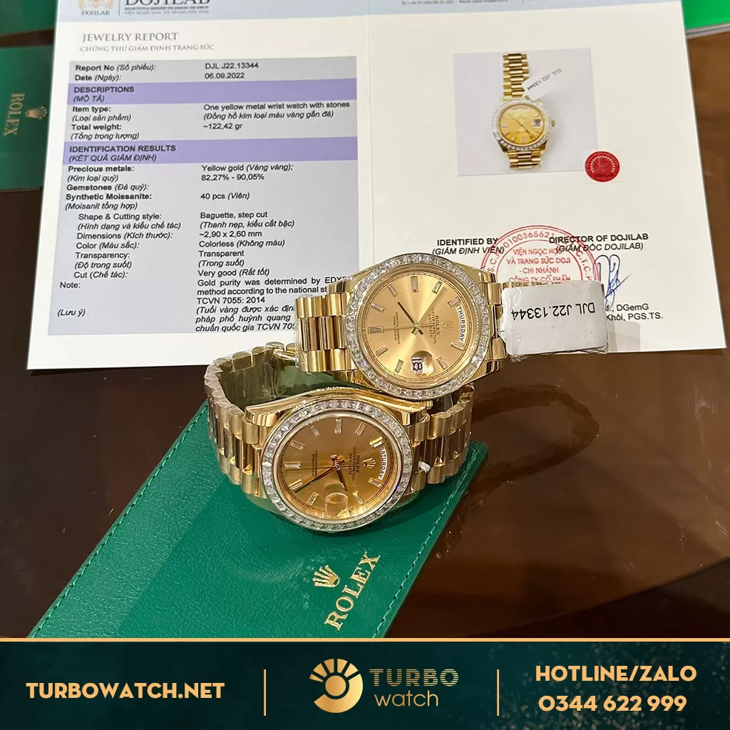 Rolex day date bọc vàng 18k - Kim cương baguet moissanite