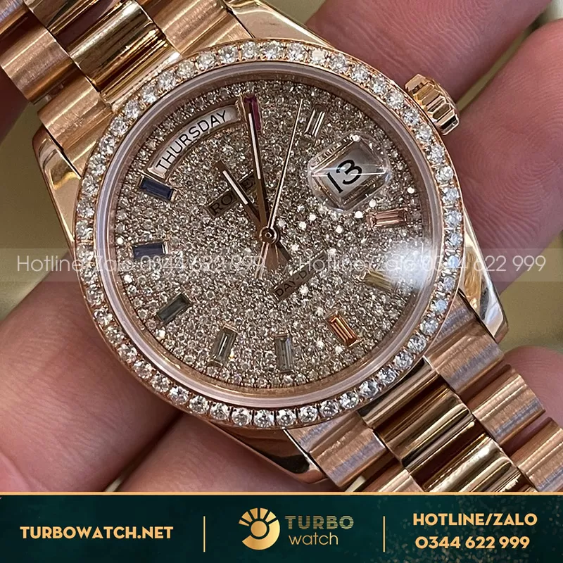 Rolex Daydate 128345 Rose Gold Full Diamond Dial Chế Tác 36MM