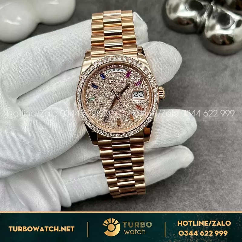 Rolex daydate 228235 chế tác vàng đúc mặt nam kim cương thiên nhiên