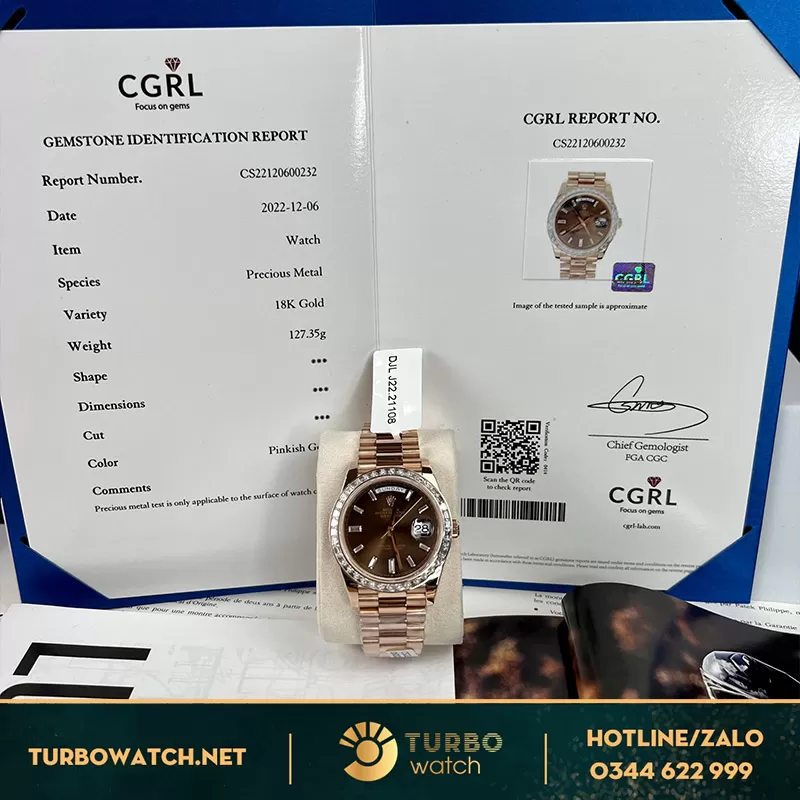 Rolex daydate 228235 fake bọc vàng viền kim cương baguette moissanitte