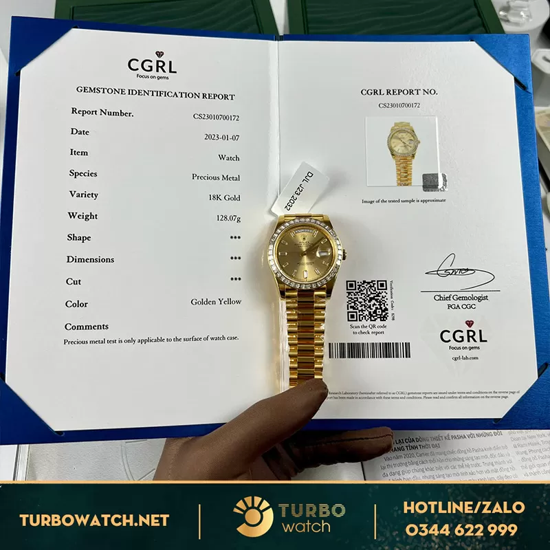 Rolex daydate 228238 fake bọc vàng yellow gold viền kim moissanitte baguette