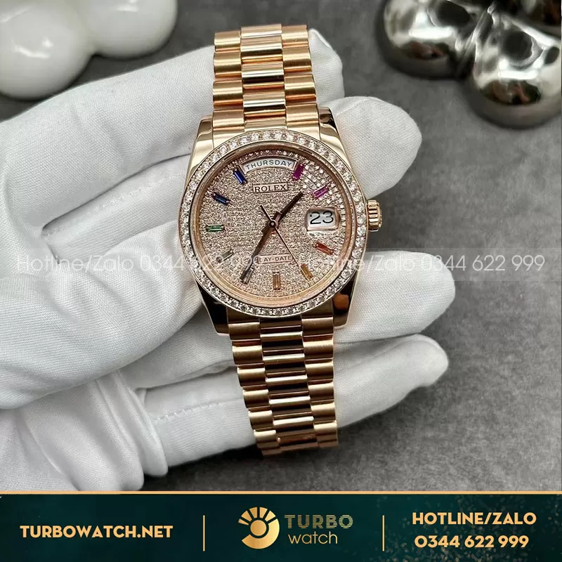 Rolex daydate 36mm rose gold 128345rbr chế tác kim cương thiên nhiên