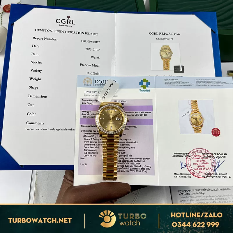 Rolex daydate bọc vàng 18k benzel kim cương moissanite