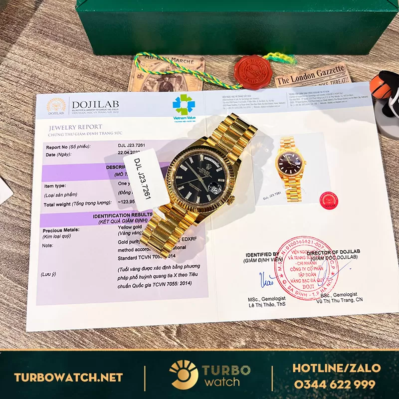 Rolex daydate bọc vàng cọc số baguette yellow gold