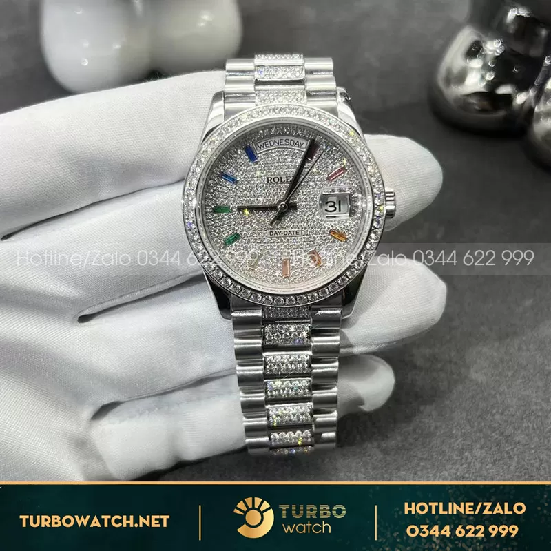 Rolex daydate vàng trắng kim cương thiên nhiên 128239 chế tác