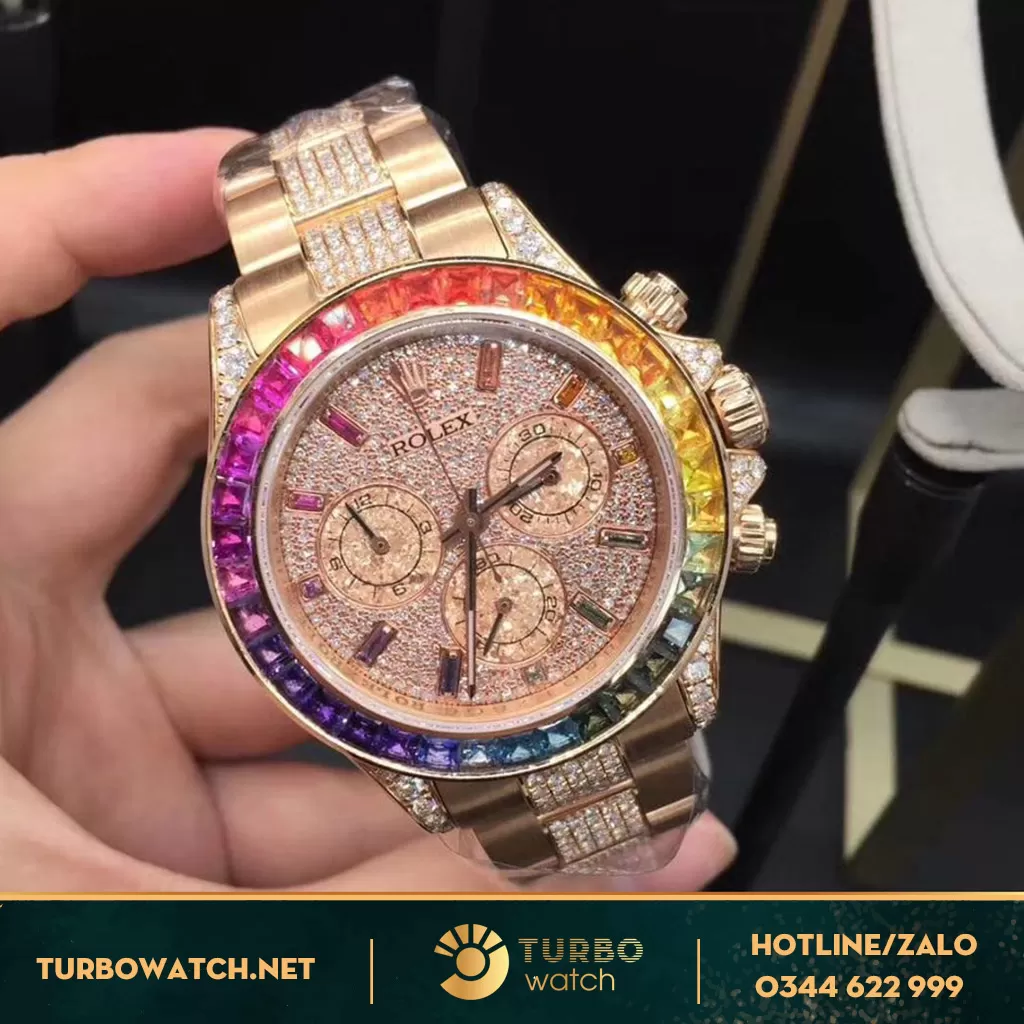 Rolex daytona chế rainbow vàng khối 18k kim thiên nhiên