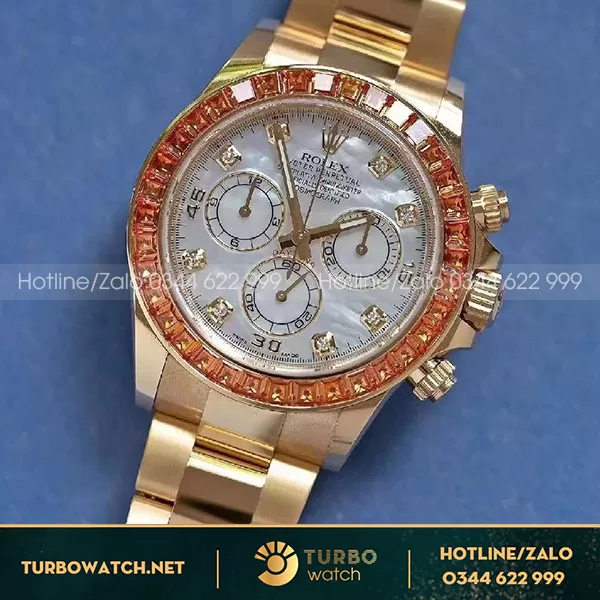 Rolex daytona độ mặt MOP cọc số moissanite benzel đá cz cam
