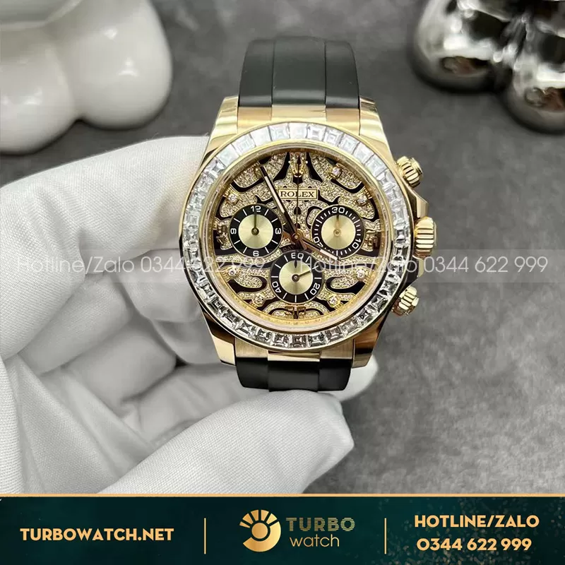 Rolex daytona Eye of the tiger chế tác vàng đúc kim cương thiên nhiên baguette