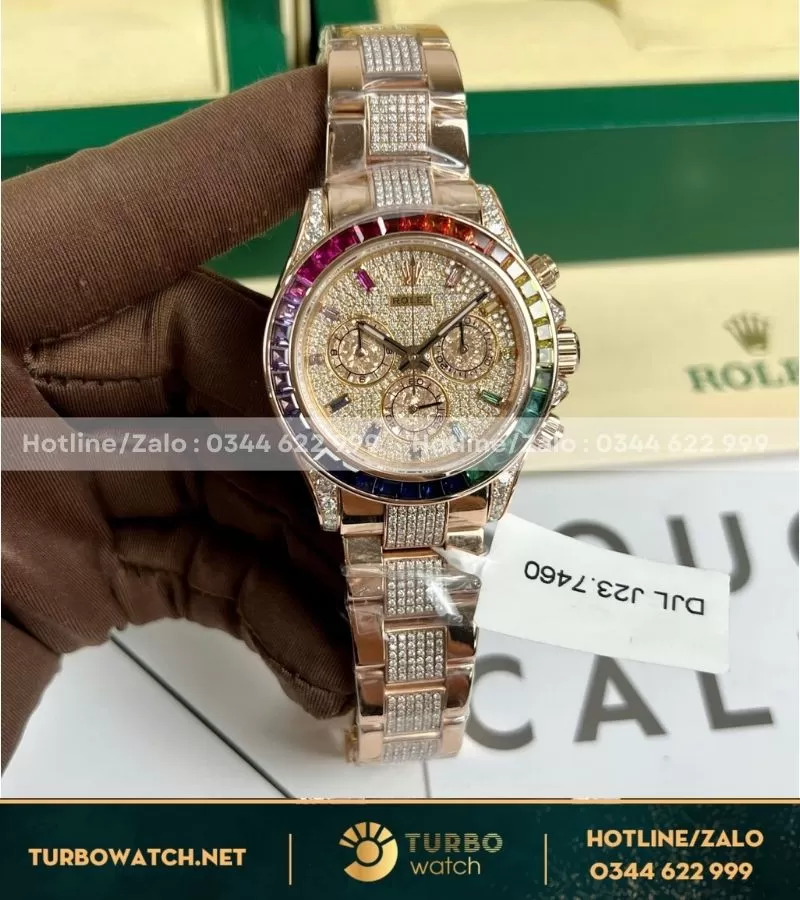 Rolex daytona rainbow bọc vàng độ kim moissanite