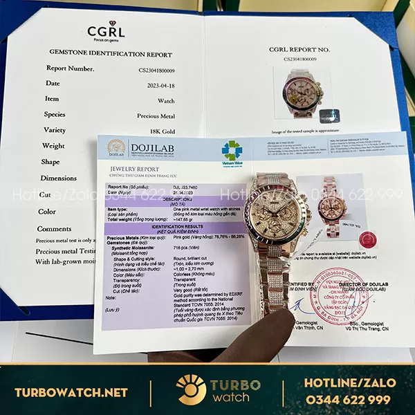 Rolex daytona rainbow bọc vàng độ kim moissanite hongkong
