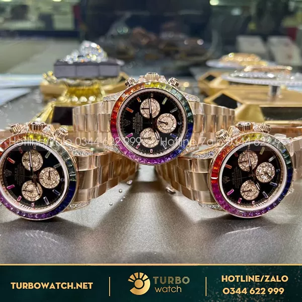 Rolex Daytona Rainbow Rep 1 1 Bọc Vàng Độ Moissanite