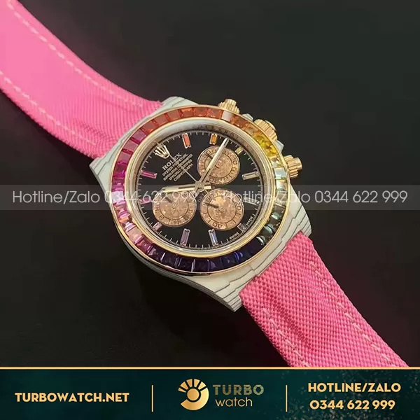 Rolex Daytona Rainbow Rep 1 1 Custom Carbon Case Dây Dù Hồng